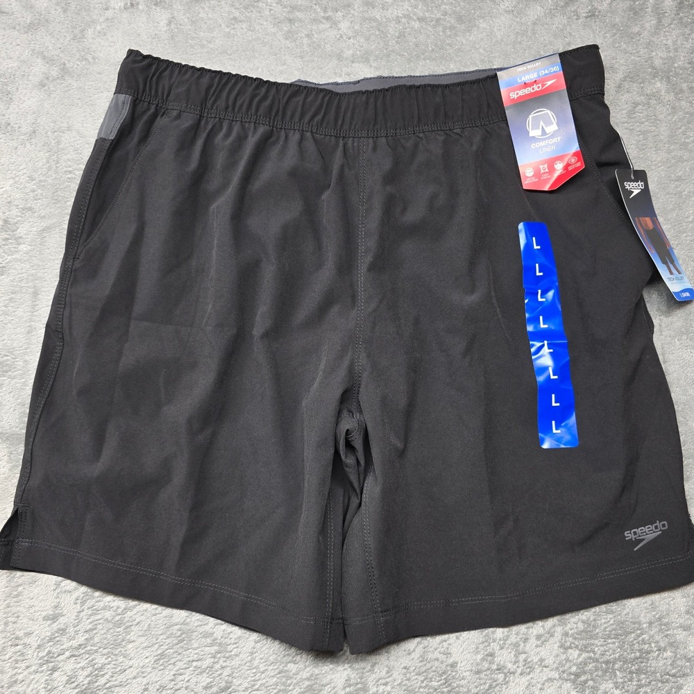 Speedo Tech Volley Athletic‎ Shorts Mens LG 34-36 Black Comfort Liner UPF 50+